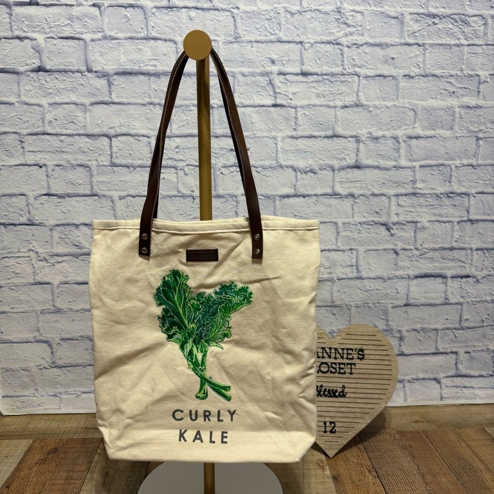 Smith & Hawken canvas market tote with leather handles and Curly Kale graphic